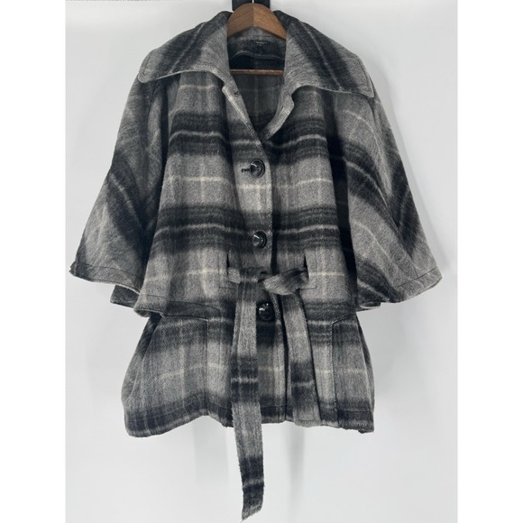 NWOT Talbots  L/XL Grey plaid wool blend Poncho Winter Overcoat Belted Buttons - Picture 4 of 10